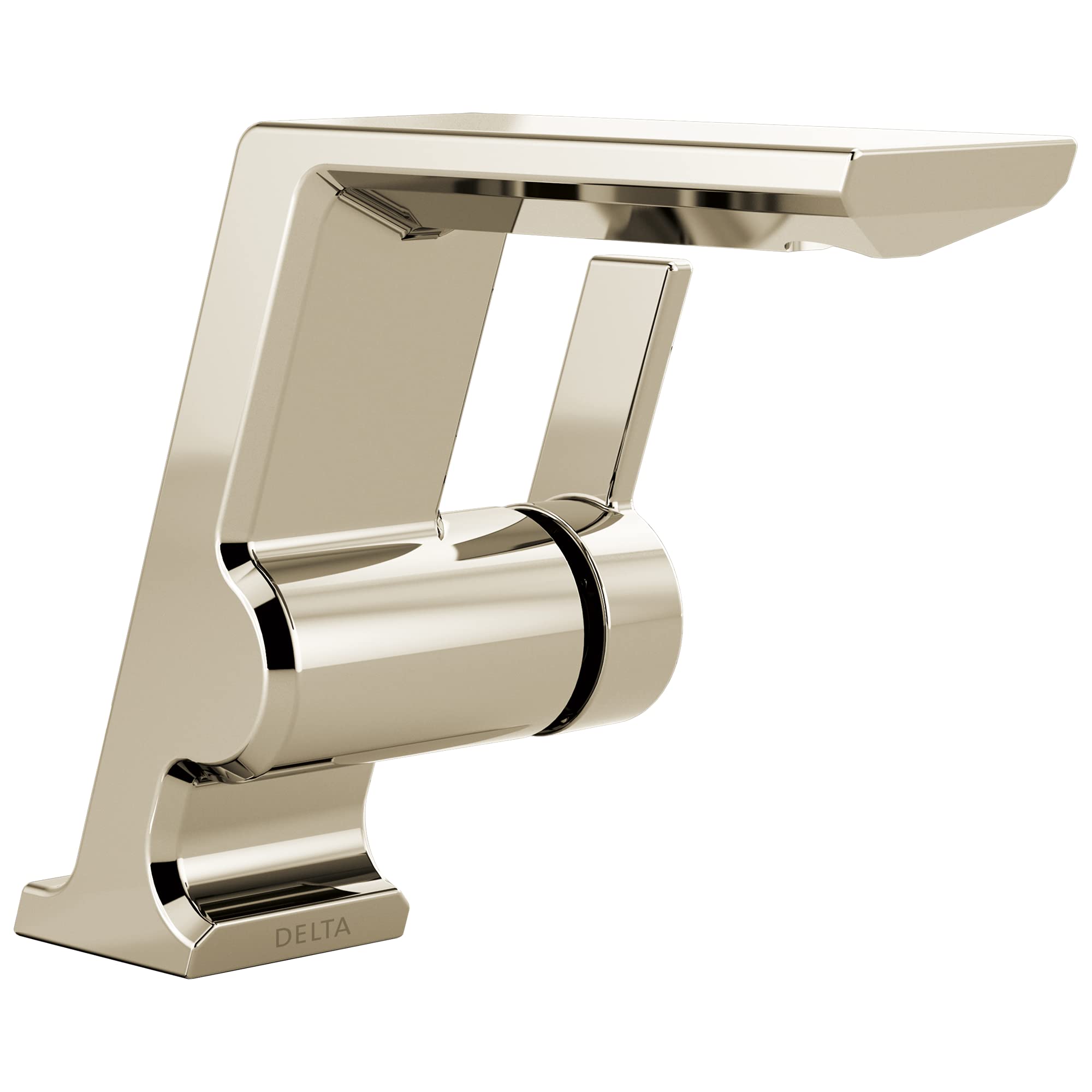 Chrome single-handle bathroom faucet with angular geometric design and pop-up drain assembly.
