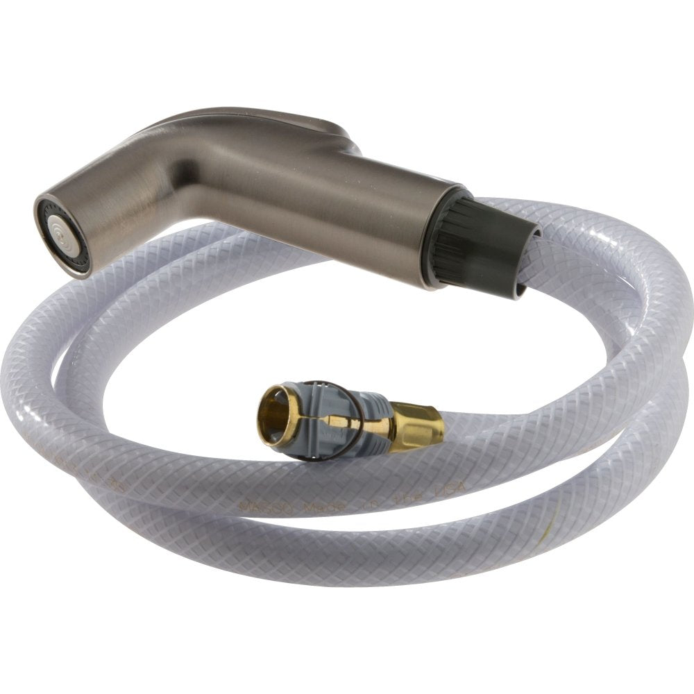 Stainless steel side spray head with curved neck attached to clear braided hose and brass connector.