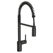 Matte black kitchen faucet with coiled sprayer hose and single lever handle.
