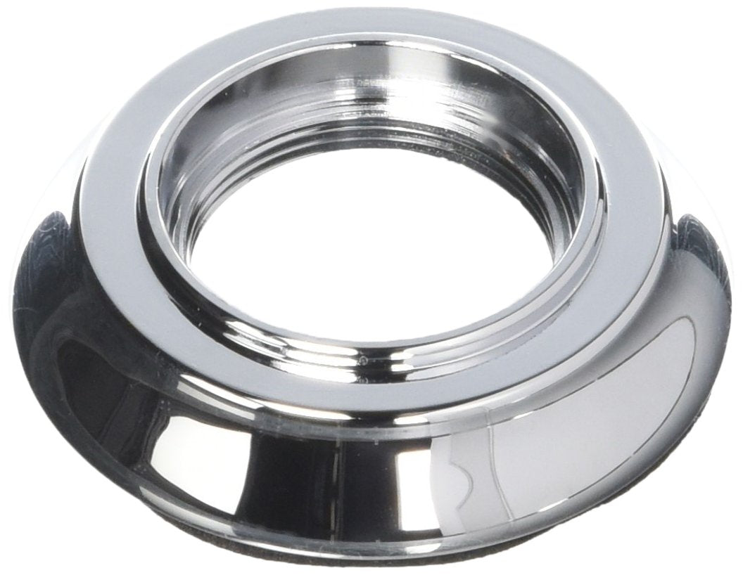 Chrome finish circular flange with black grip handles on sides for roman tub faucet installation.