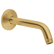 Brushed gold shower arm with circular wall mount and angled spout extending to the right.