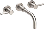 Satin nickel wall-mount lavatory faucet with curved spout and two lever handles.