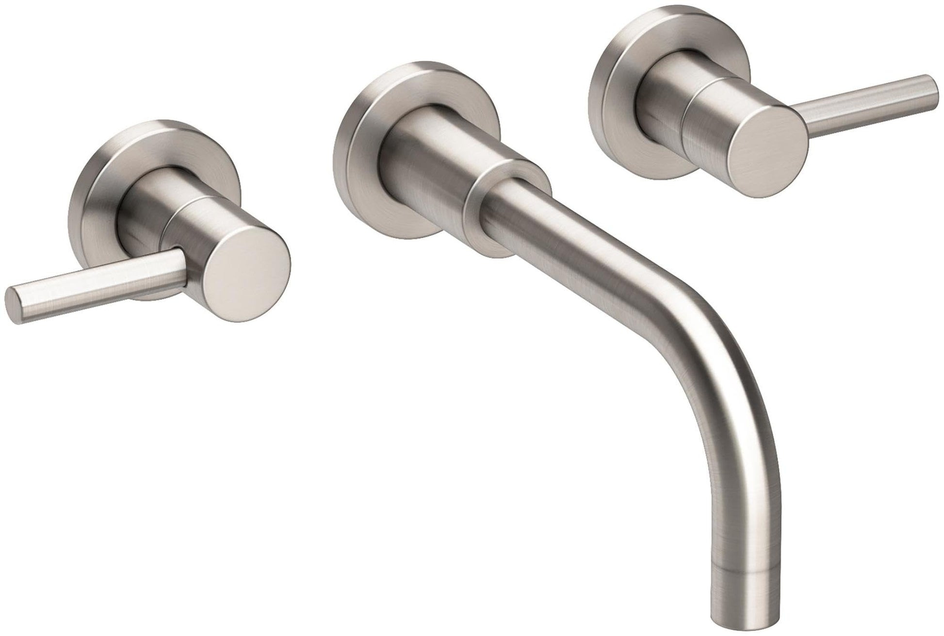Satin nickel wall-mount lavatory faucet with curved spout and two lever handles.