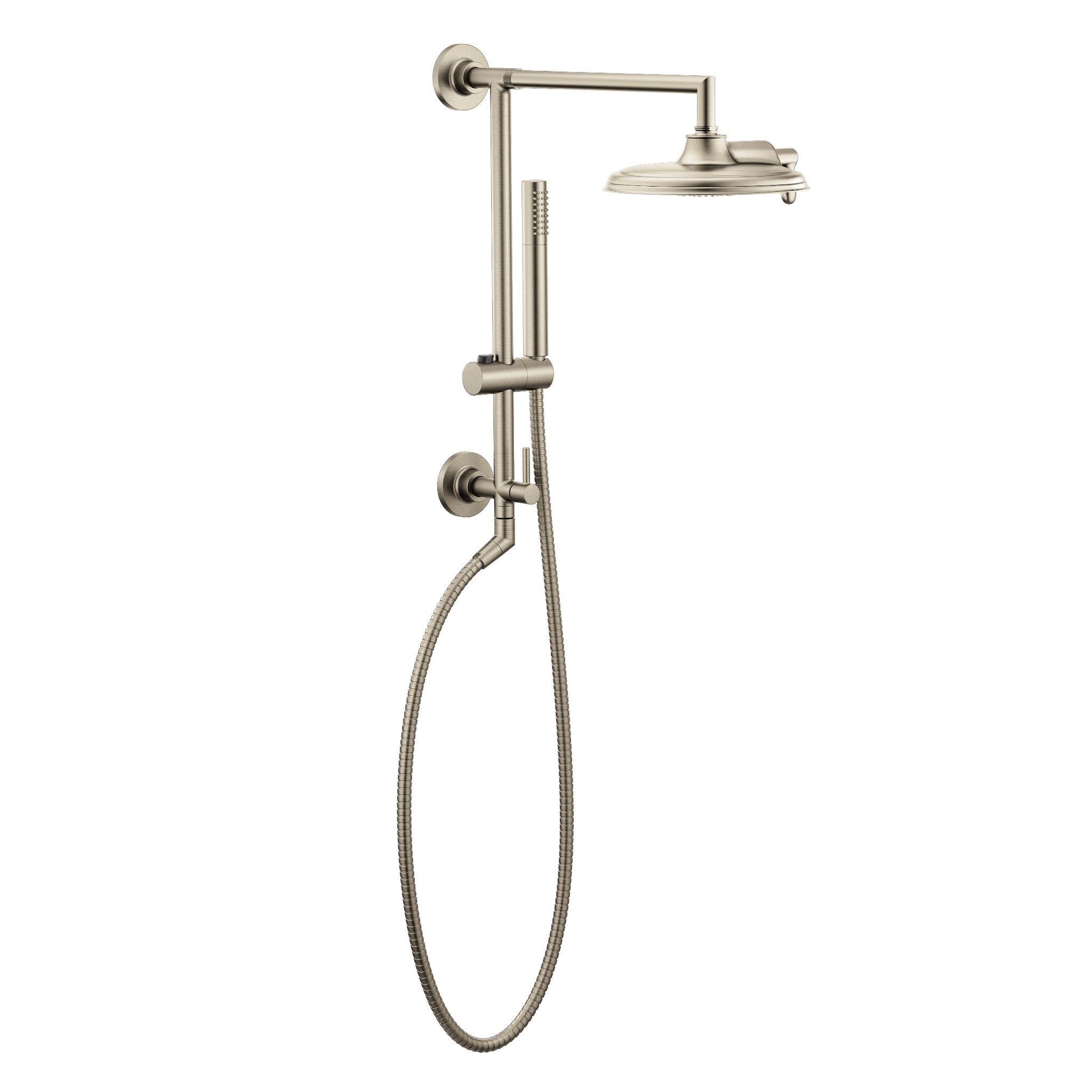 Brushed nickel shower system with overhead head, handheld shower on hose, and vertical slide bar with wall mounts.