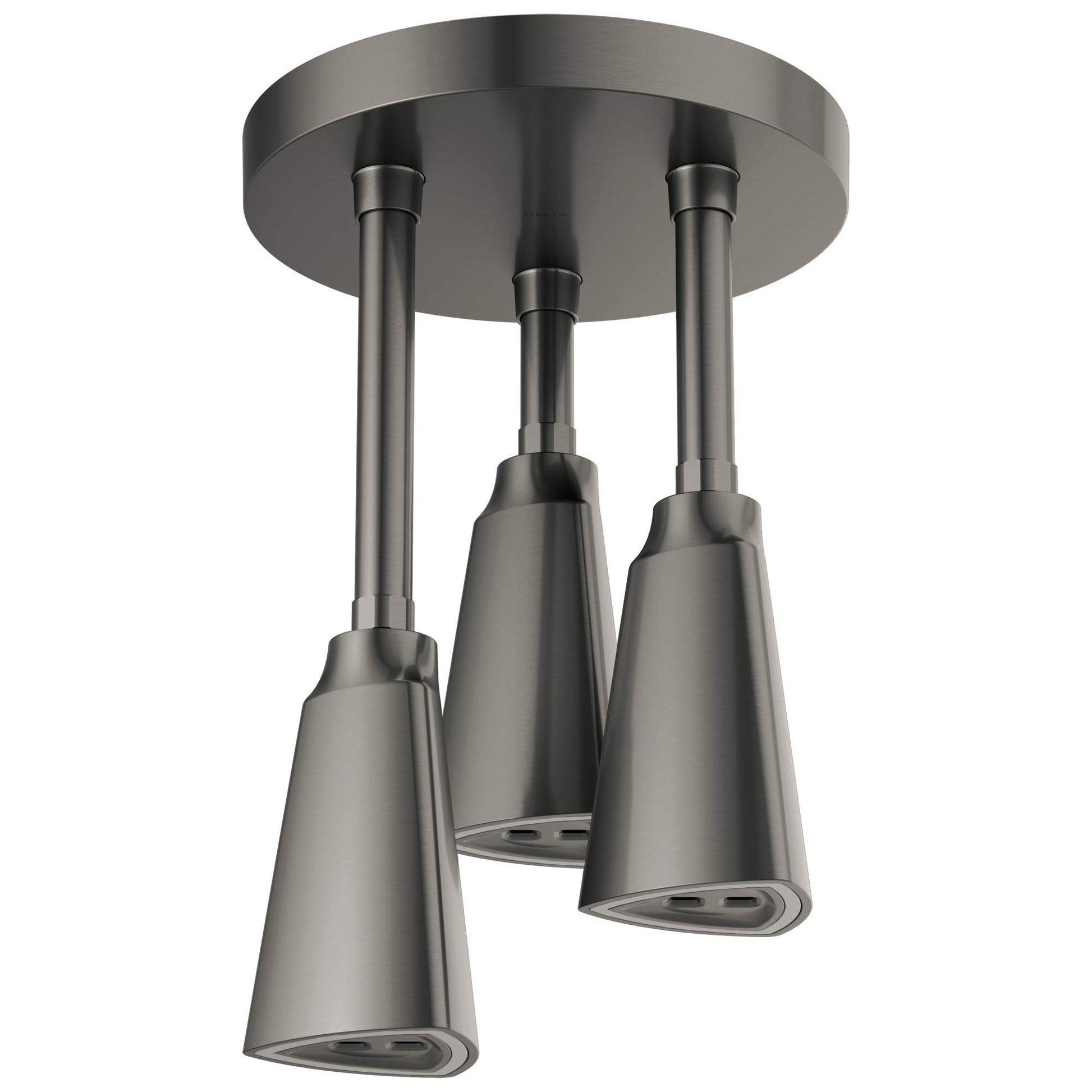 Brushed nickel pendant shower head with three cone-shaped nozzles suspended from circular ceiling mount.