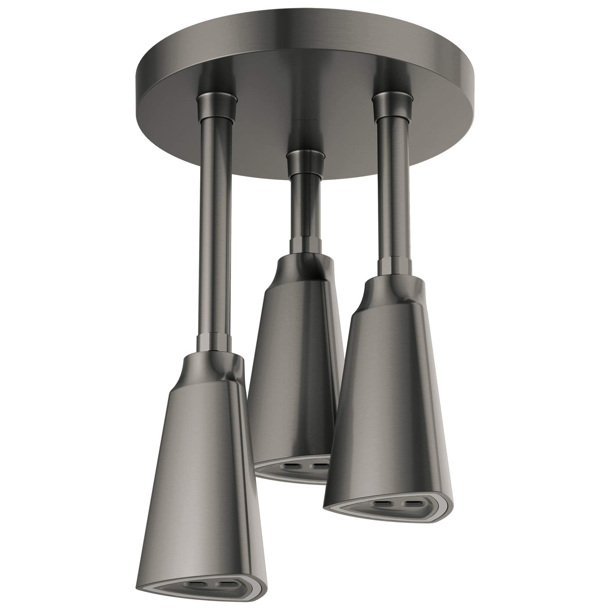 Brushed nickel pendant shower head with three cone-shaped nozzles suspended from circular ceiling mount.