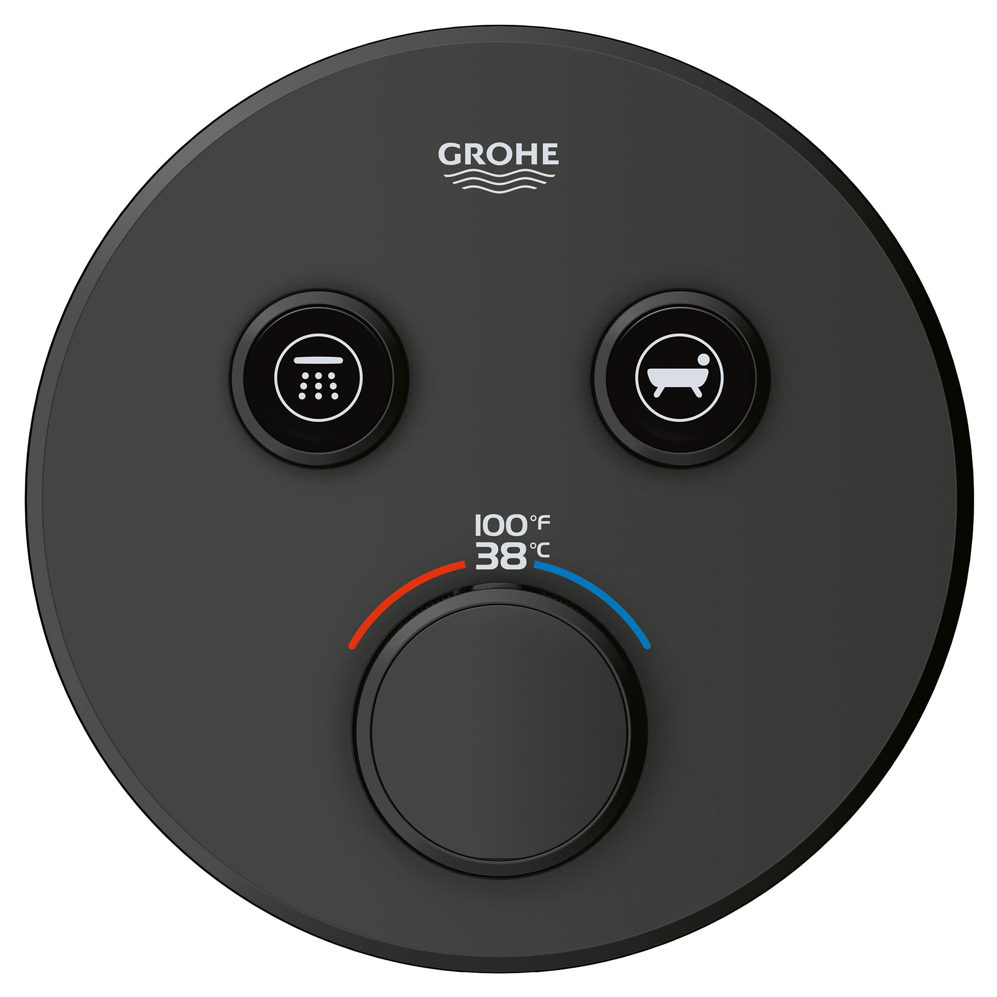 Matte black circular thermostatic valve trim with two upper control buttons and central temperature dial displaying 100°F and