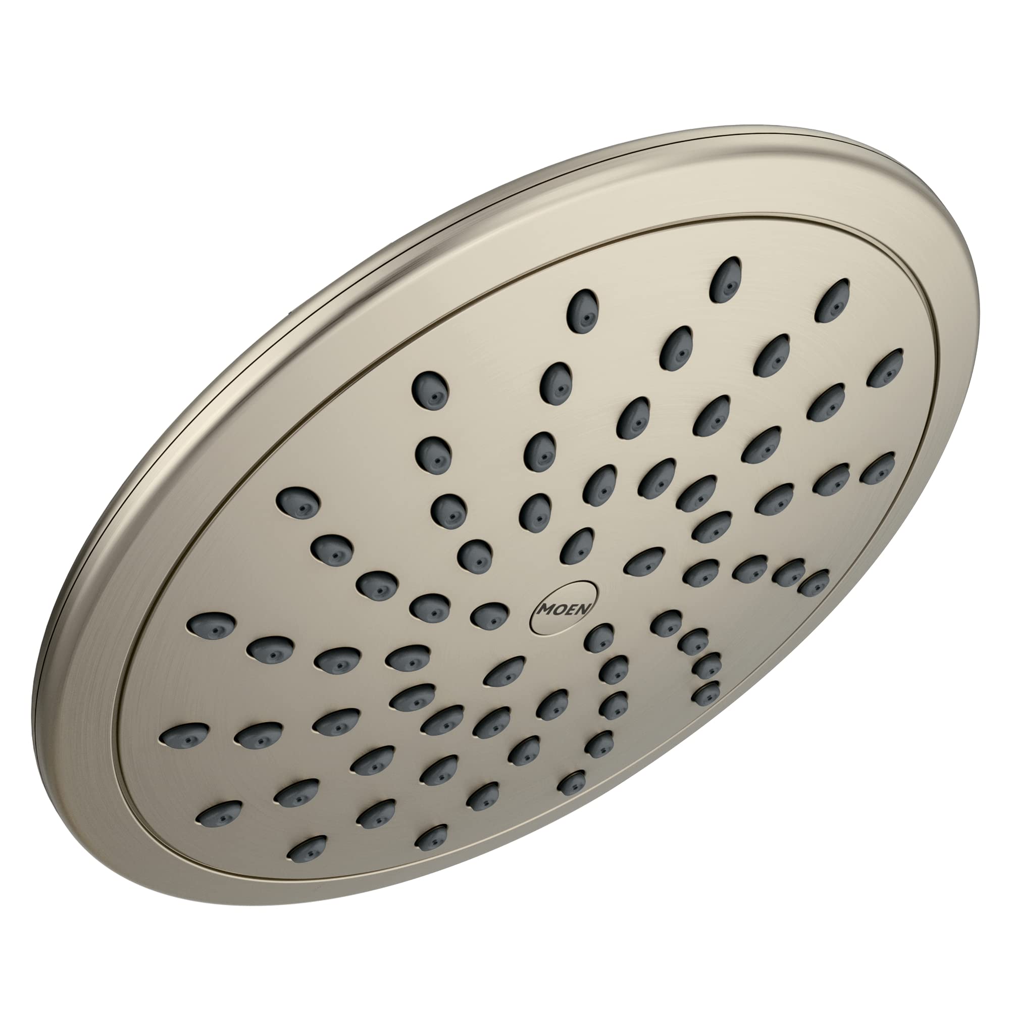Round brushed nickel shower head with multiple evenly spaced water jets across the face.