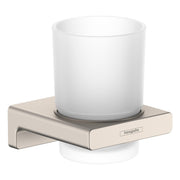 Brushed nickel wall-mounted tumbler holder with frosted glass cup.