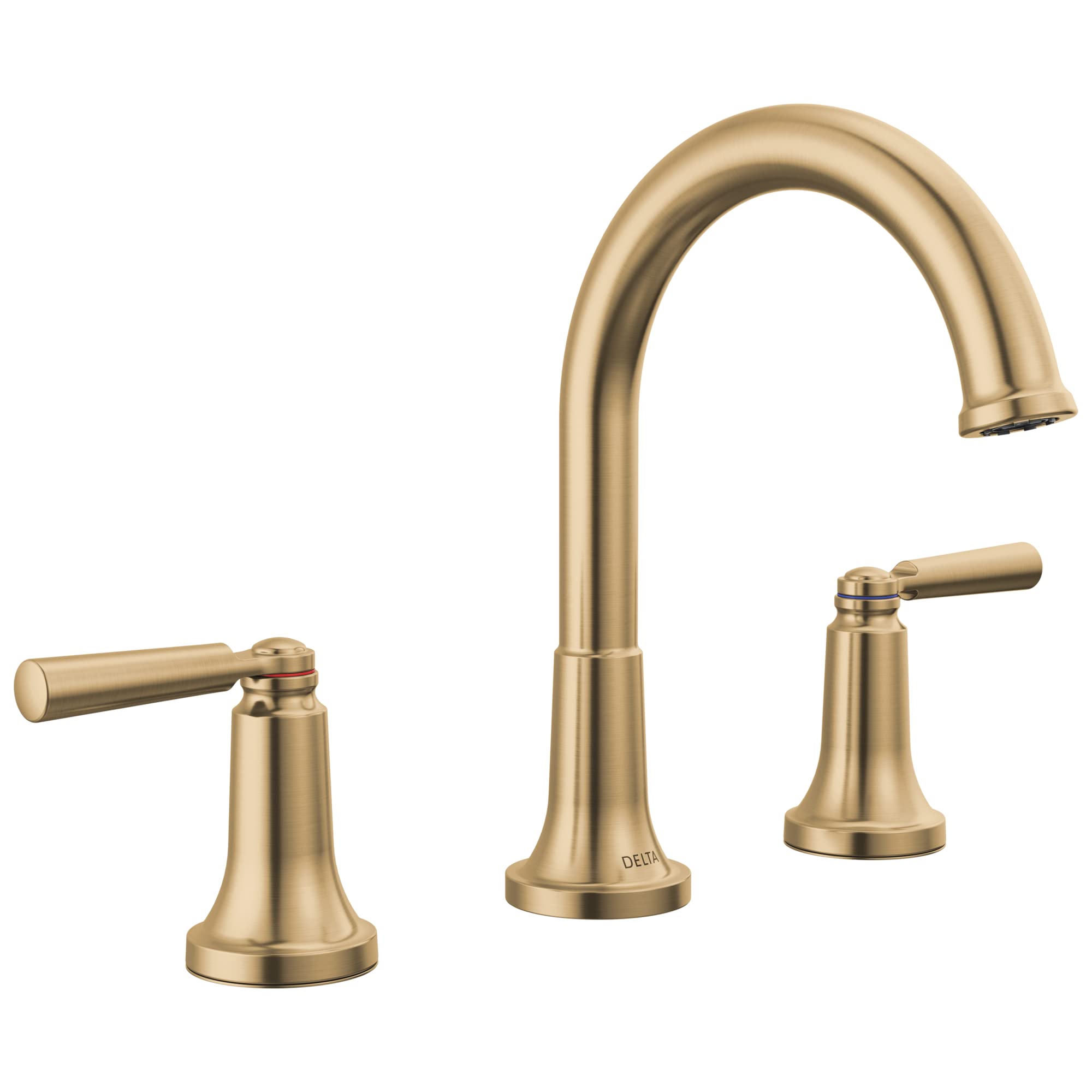 Champagne bronze two-handle bathroom faucet with curved spout and lever handles on cylindrical bases.