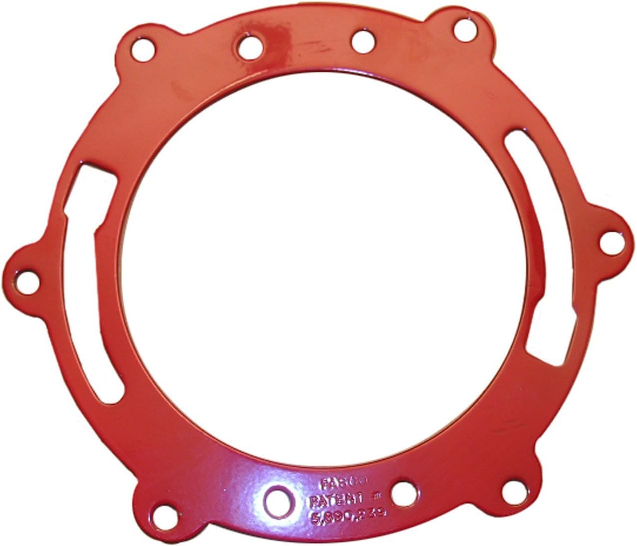 Red metal toilet flange repair ring with multiple mounting holes and two rectangular cutouts around the circumference.