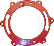 Red metal toilet flange repair ring with multiple mounting holes and two rectangular cutouts around the circumference.