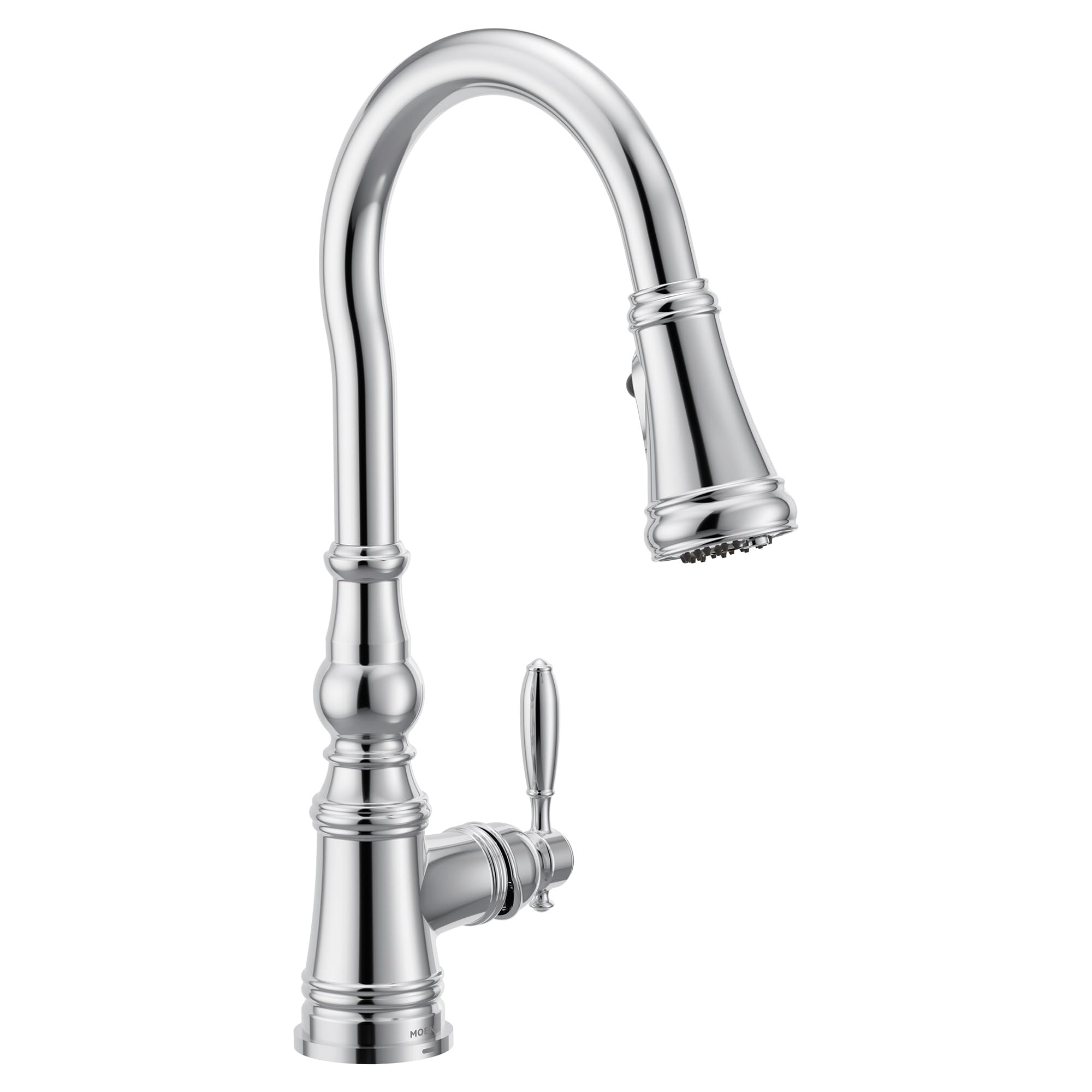 Chrome pulldown kitchen faucet with curved spout, single handle lever, and spray head.