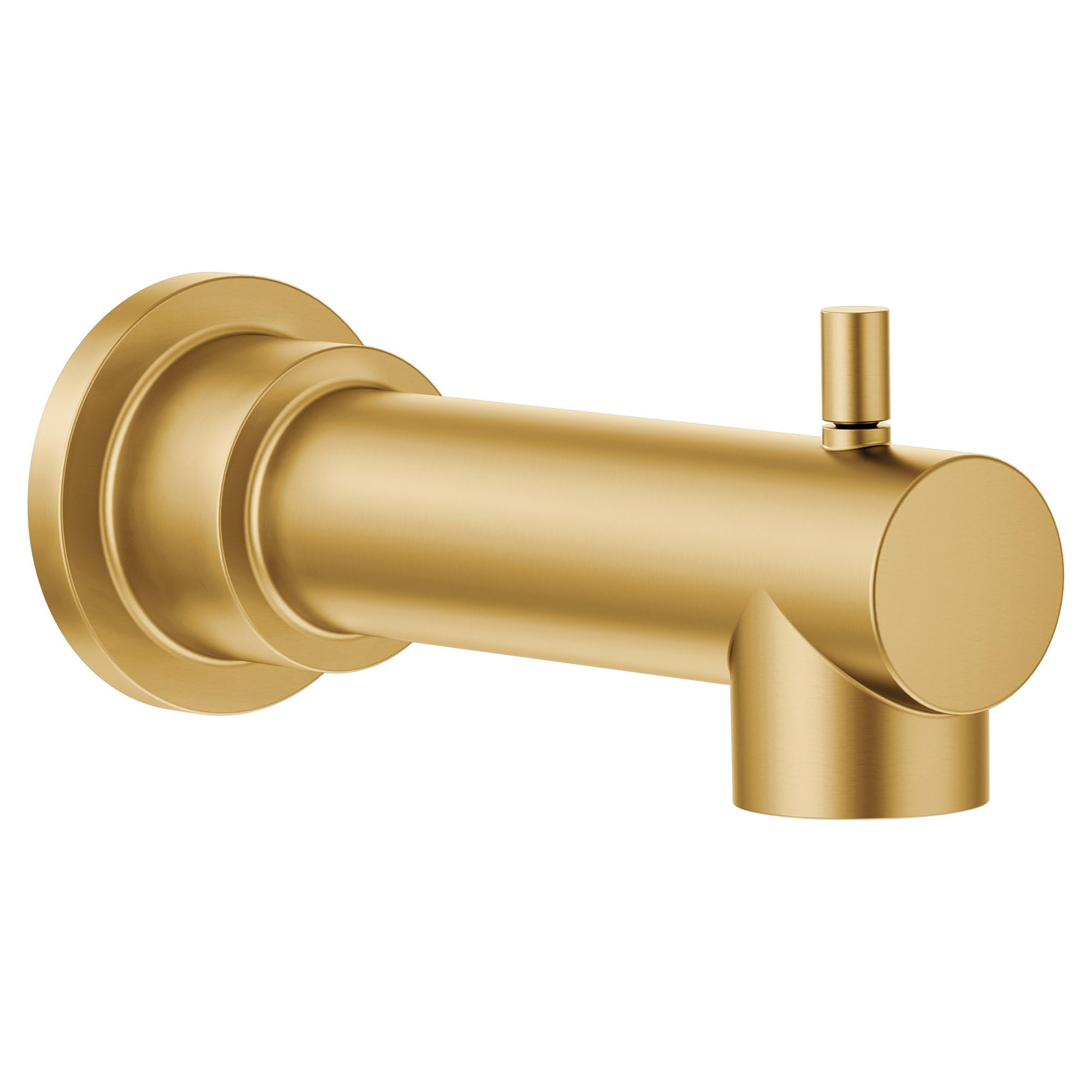 Brushed gold tub spout with cylindrical body, round flange, and small diverter lever on the right side.