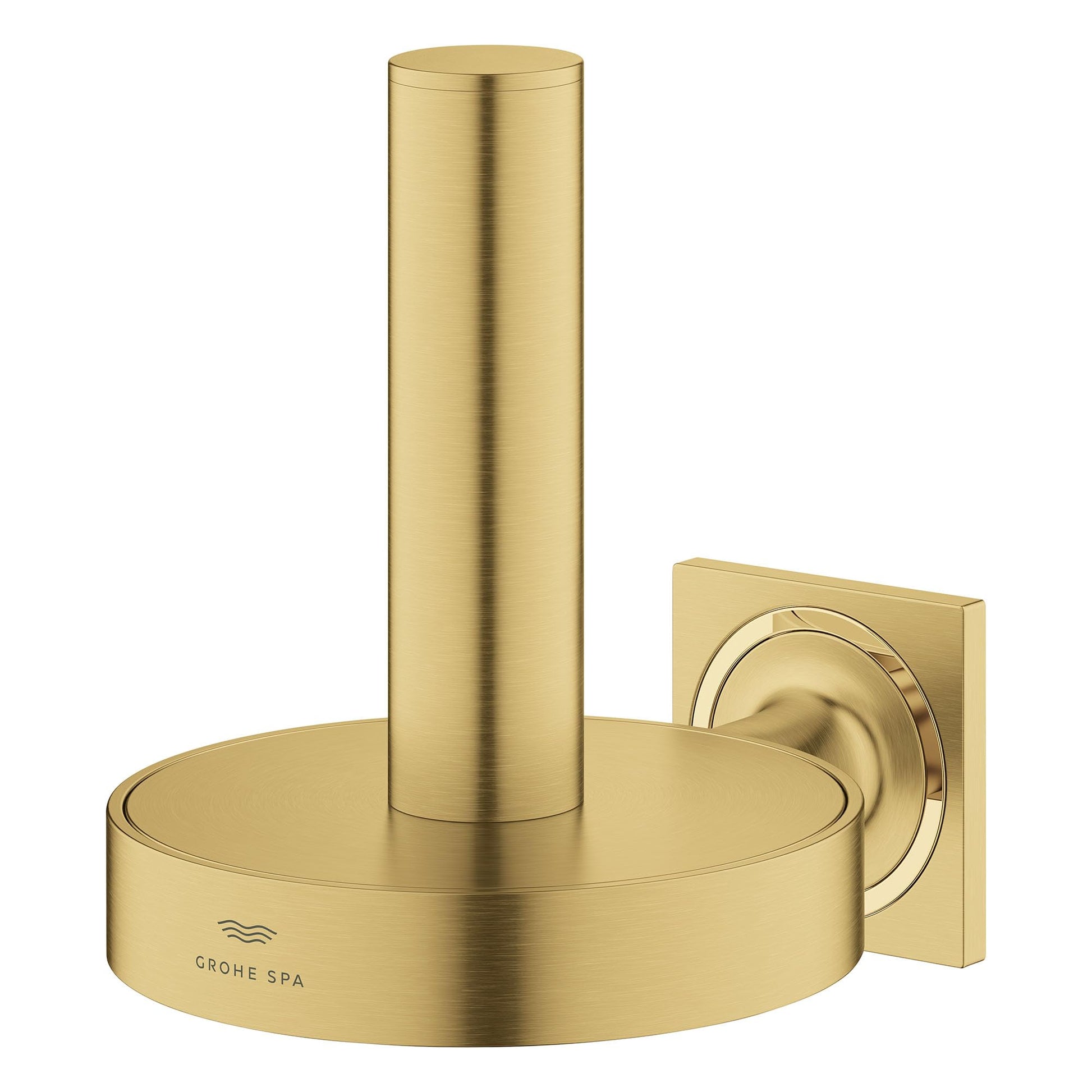Grohe Allure Reserve toilet paper holder with cylindrical post and round base in brushed brass finish with wall mount.