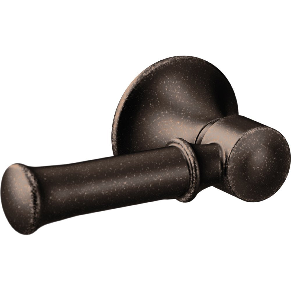 Oil-rubbed bronze toilet tank lever handle with cylindrical grip and round mounting plate.