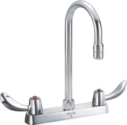 Chrome two-handle deck mount faucet with tall curved spout and lever handles.