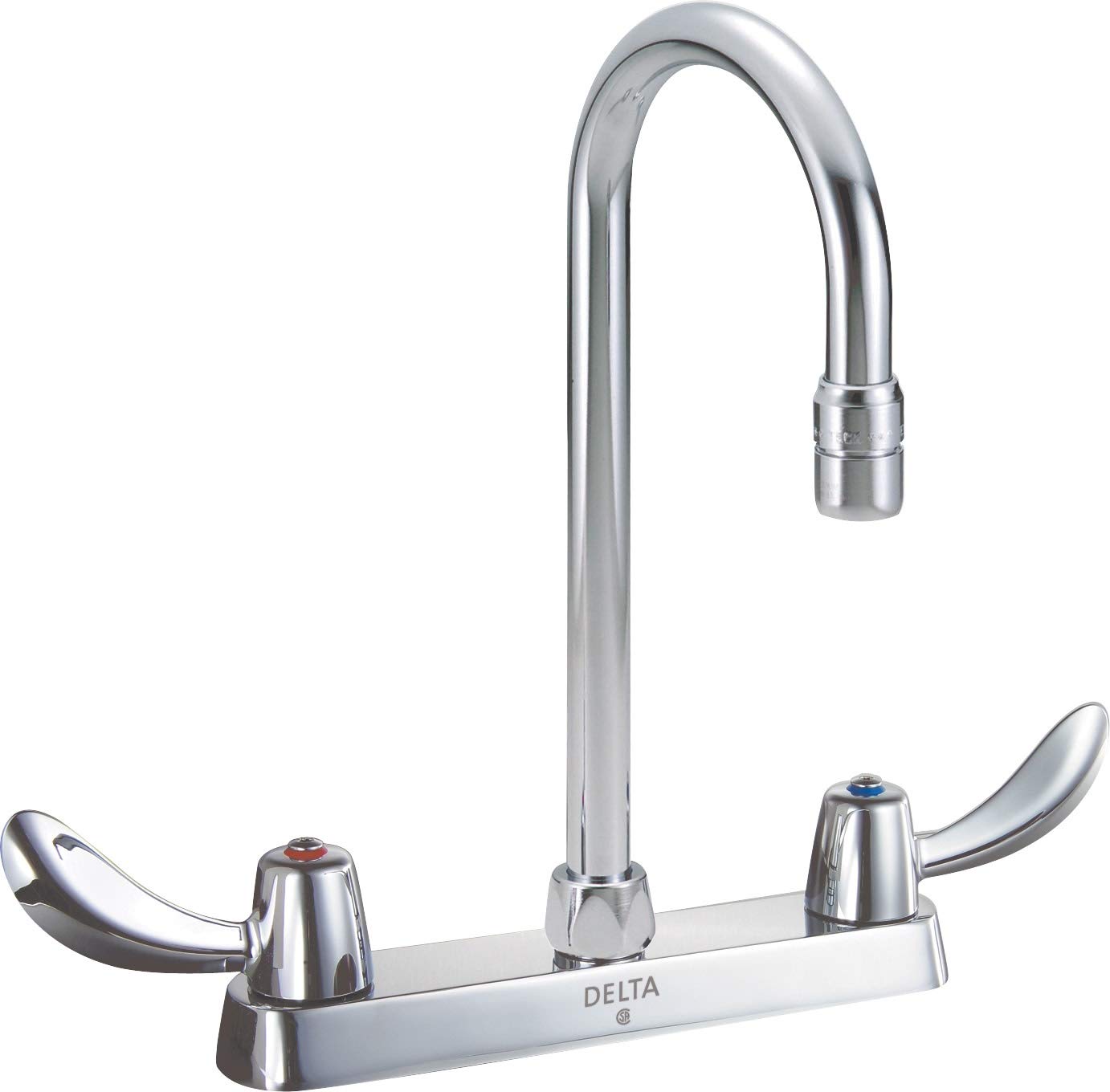 Chrome two-handle deck mount faucet with tall curved spout and lever handles.