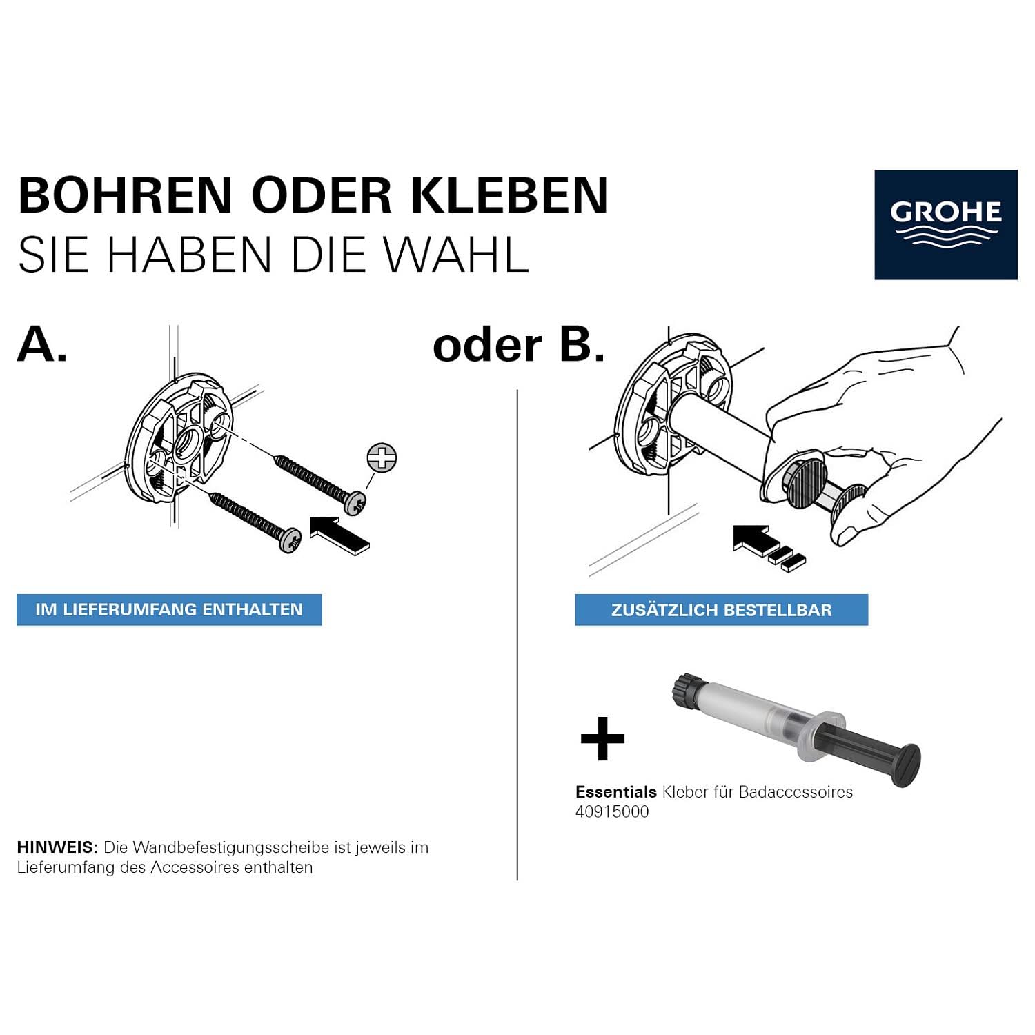 Chrome-plated bathroom accessory holder with mounting options for drill or adhesive installation.
