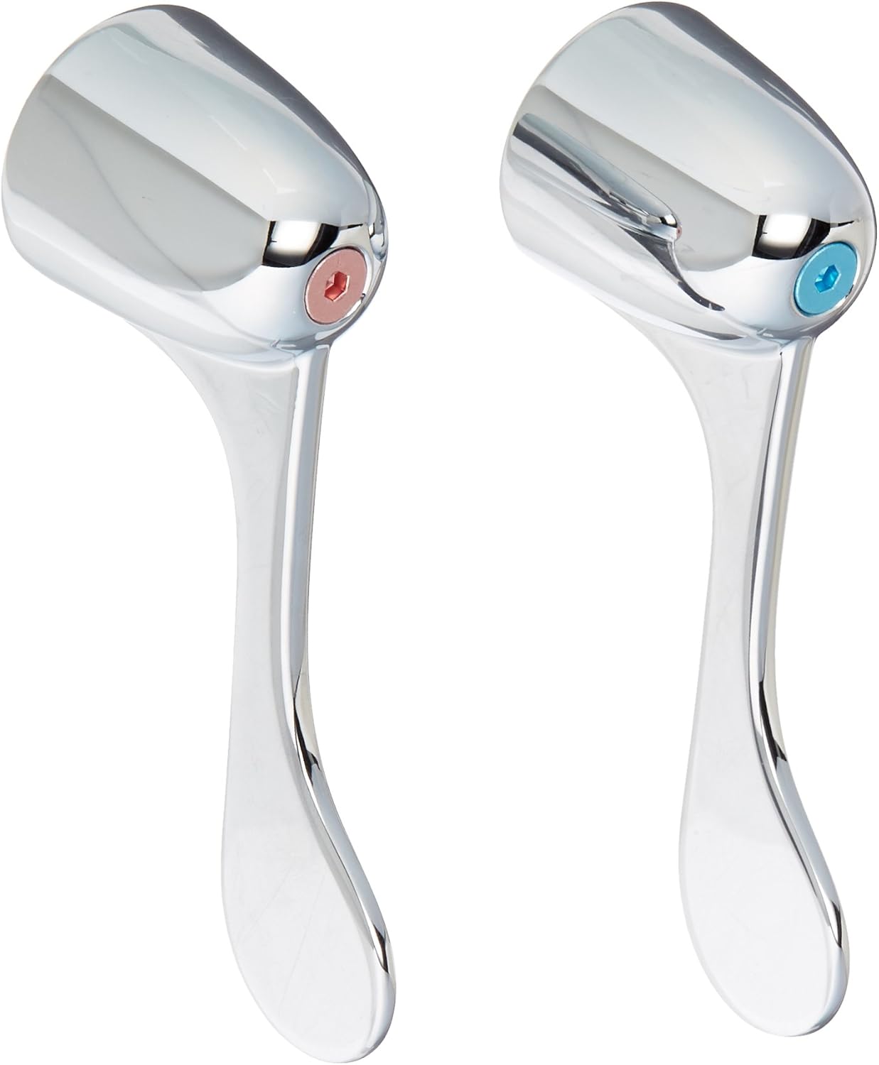 Pair of chrome faucet handles with metal blade design, left handle marked with red dot for hot water, right handle marked wit