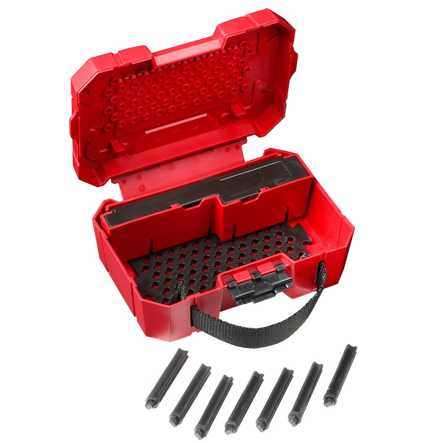 Red plastic carrying case with black foam insert, dividers, and handle, shown open with seven small black hole saw bits displ