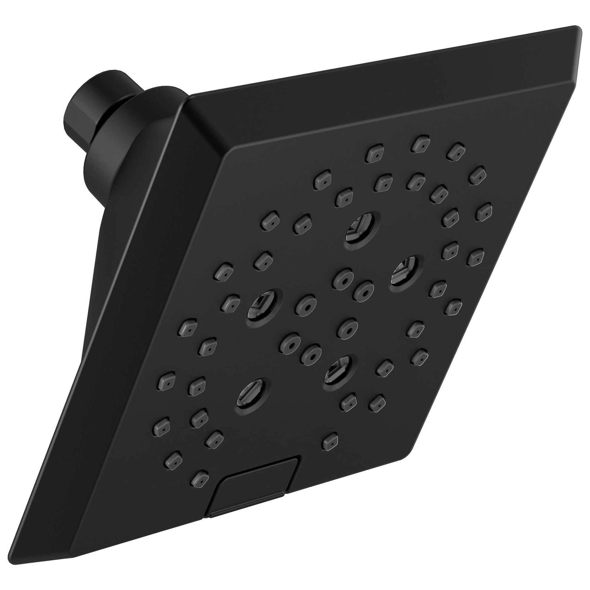 Angular black raincan shower head with multiple spray jets and cylindrical connector arm.