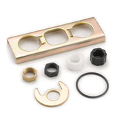 Moen faucet mounting hardware kit with brass plate, nuts, washers, and rubber seal ring components.