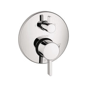 Chrome pressure balance valve trim with circular escutcheon, dual handles, and diverter control marked with hot and off indic
