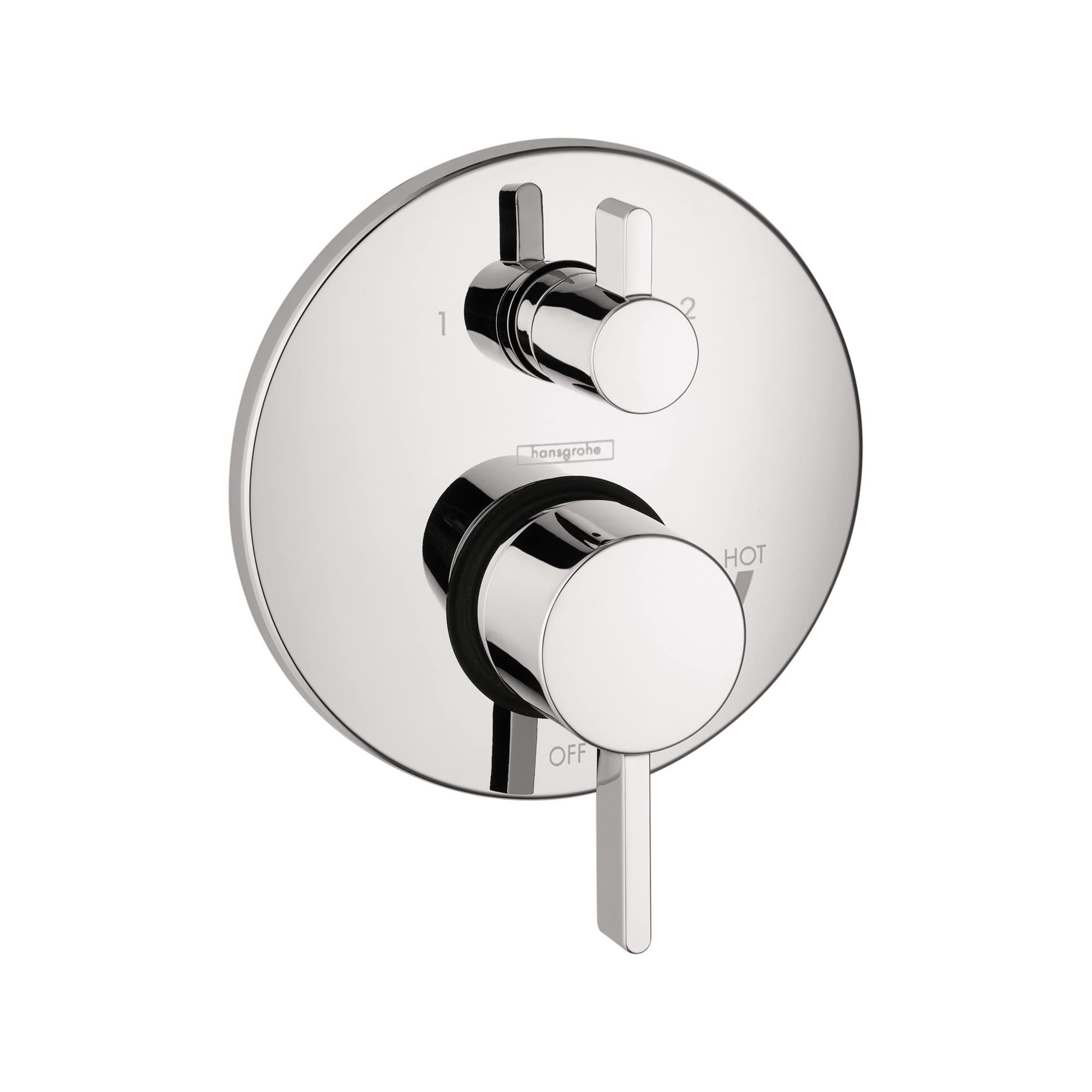 Chrome pressure balance valve trim with circular escutcheon, dual handles, and diverter control marked with hot and off indic