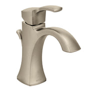 Brushed nickel single-handle bathroom faucet with high-arc spout and lever handle.