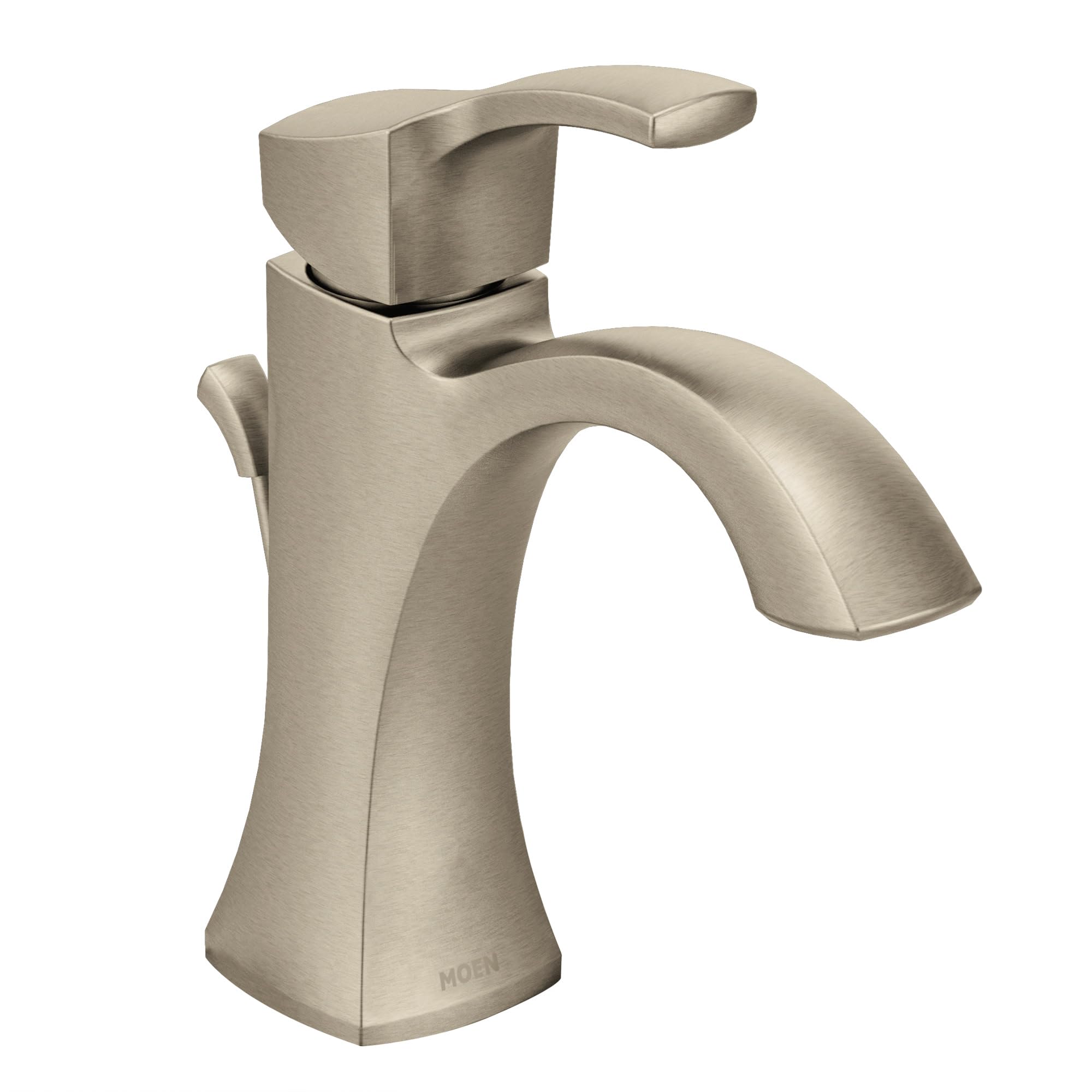 Brushed nickel single-handle bathroom faucet with high-arc spout and lever handle.