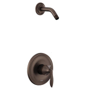 Oil rubbed bronze shower trim kit with single handle lever and curved wall-mounted arm spout.