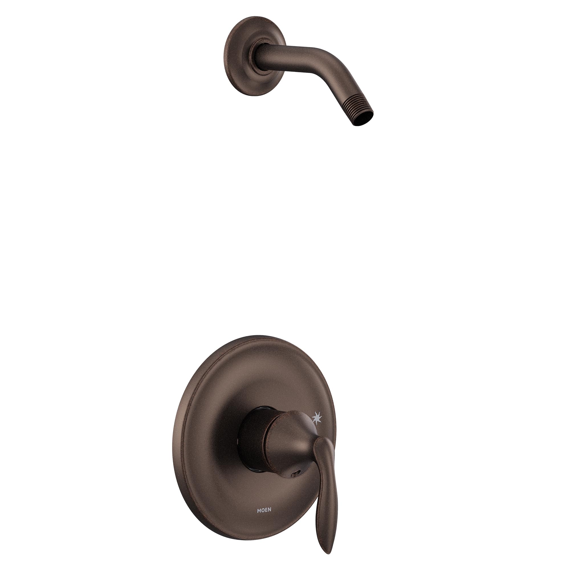 Oil rubbed bronze shower trim kit with single handle lever and curved wall-mounted arm spout.