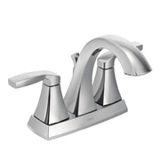 Chrome two-handle bathroom faucet with high arc spout and lever handles on rectangular base.