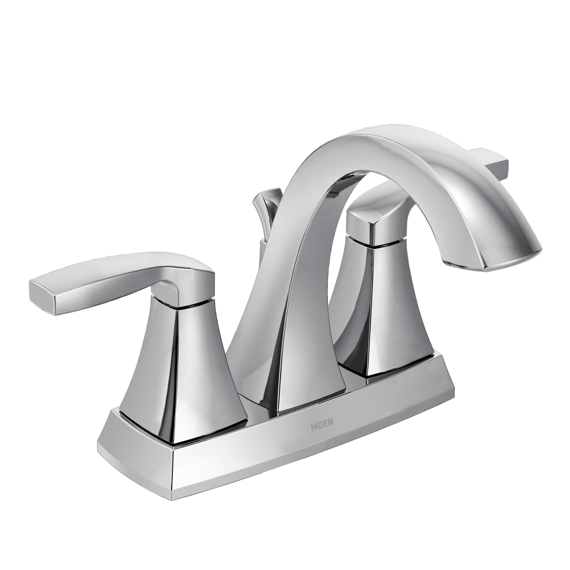 Chrome two-handle bathroom faucet with high arc spout and lever handles on rectangular base.