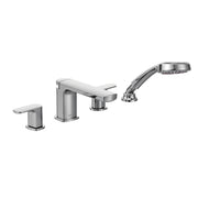 Chrome Roman tub faucet with two handles, curved spout, and detachable hand shower on right.