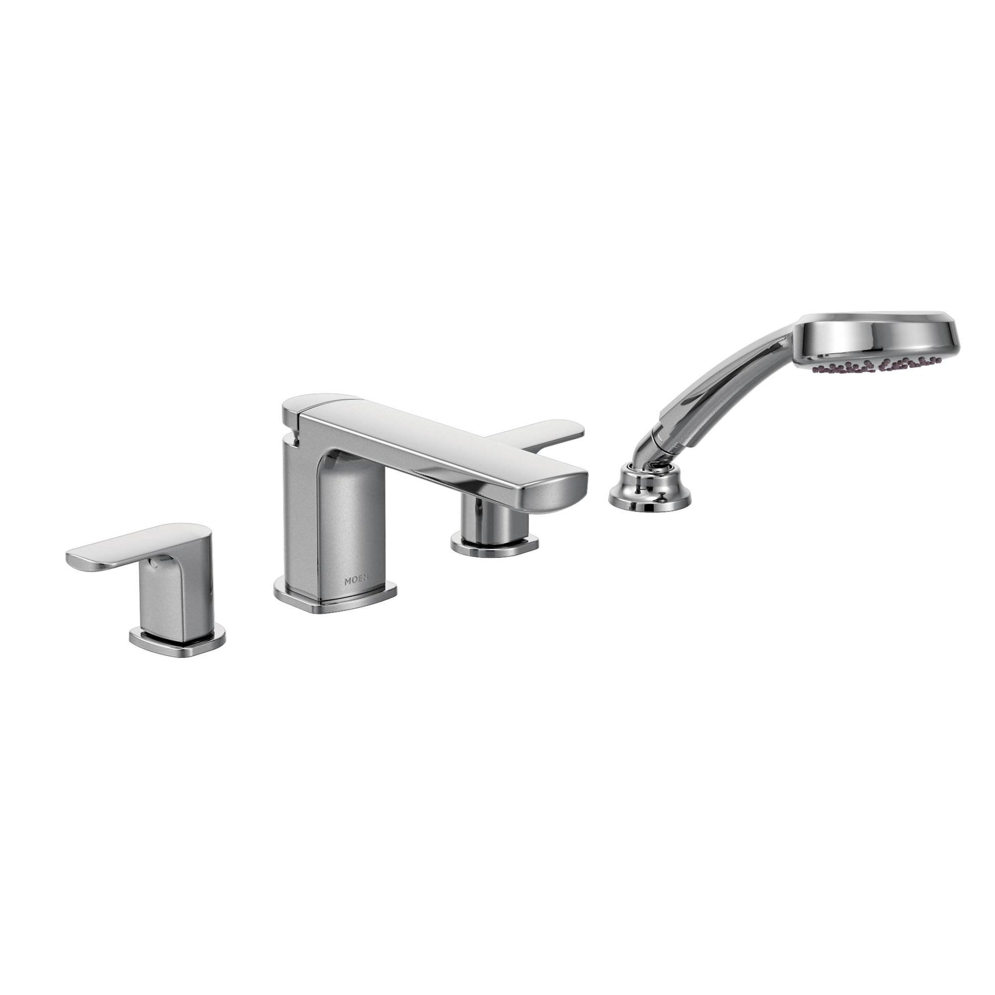 Chrome Roman tub faucet with two handles, curved spout, and detachable hand shower on right.