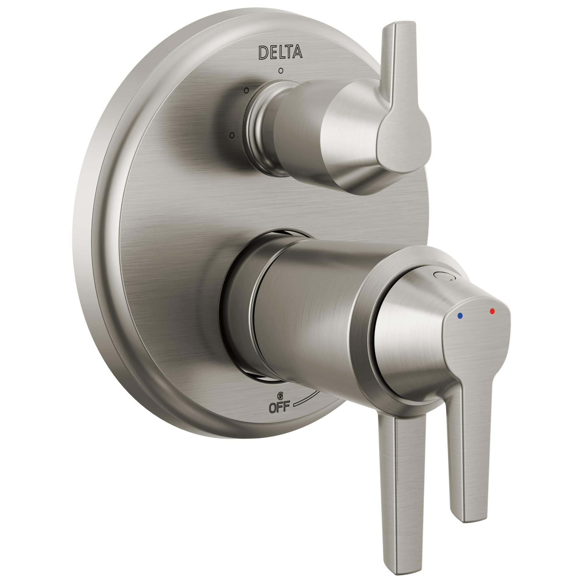 Brushed nickel Delta shower valve trim with circular backplate, upper lever handle, and lower diverter handle with three-sett