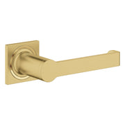 Brushed gold toilet paper holder with square mounting plate and cylindrical roll bar.