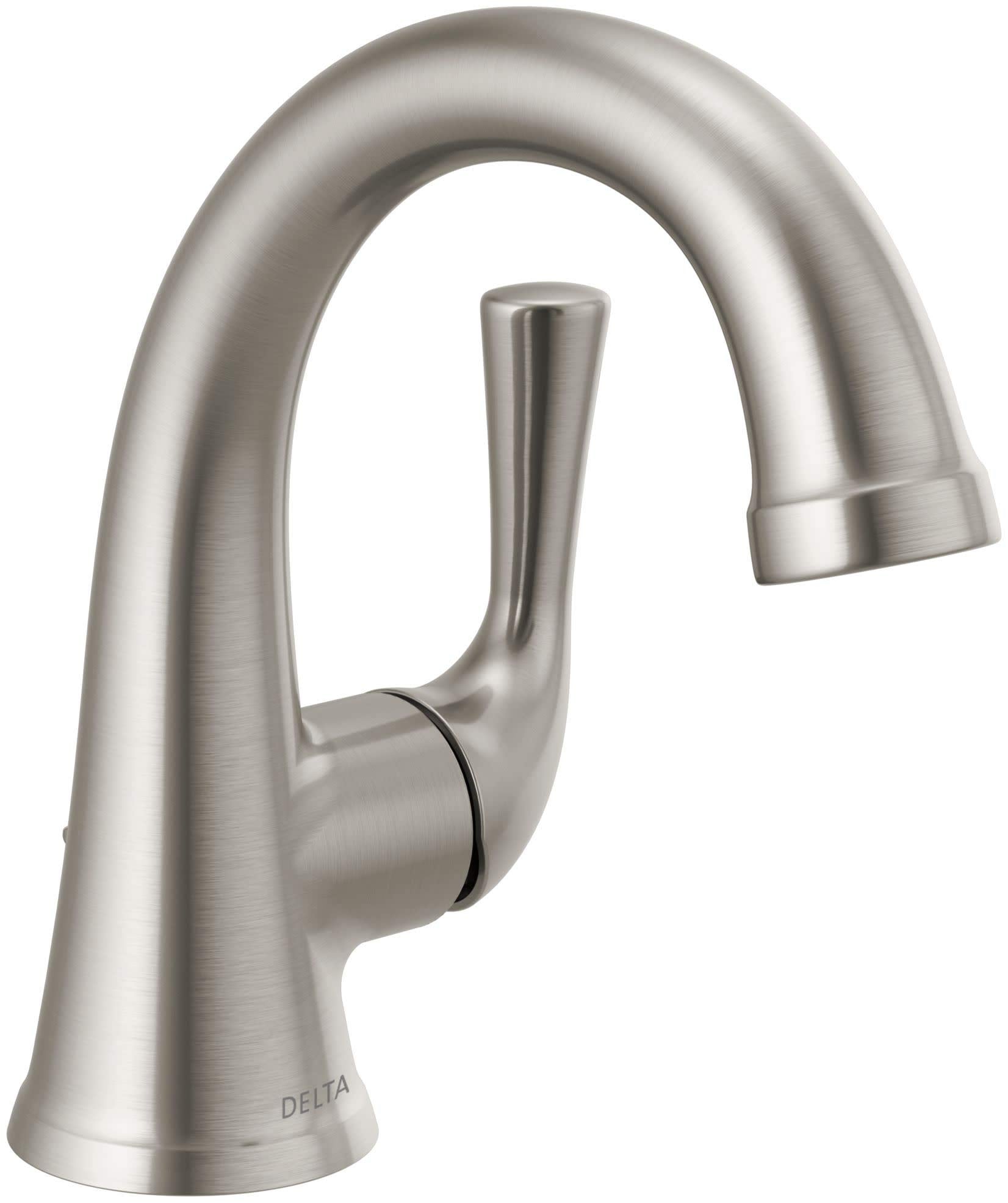 Brushed nickel single-handle bathroom faucet with curved spout and cylindrical handle.