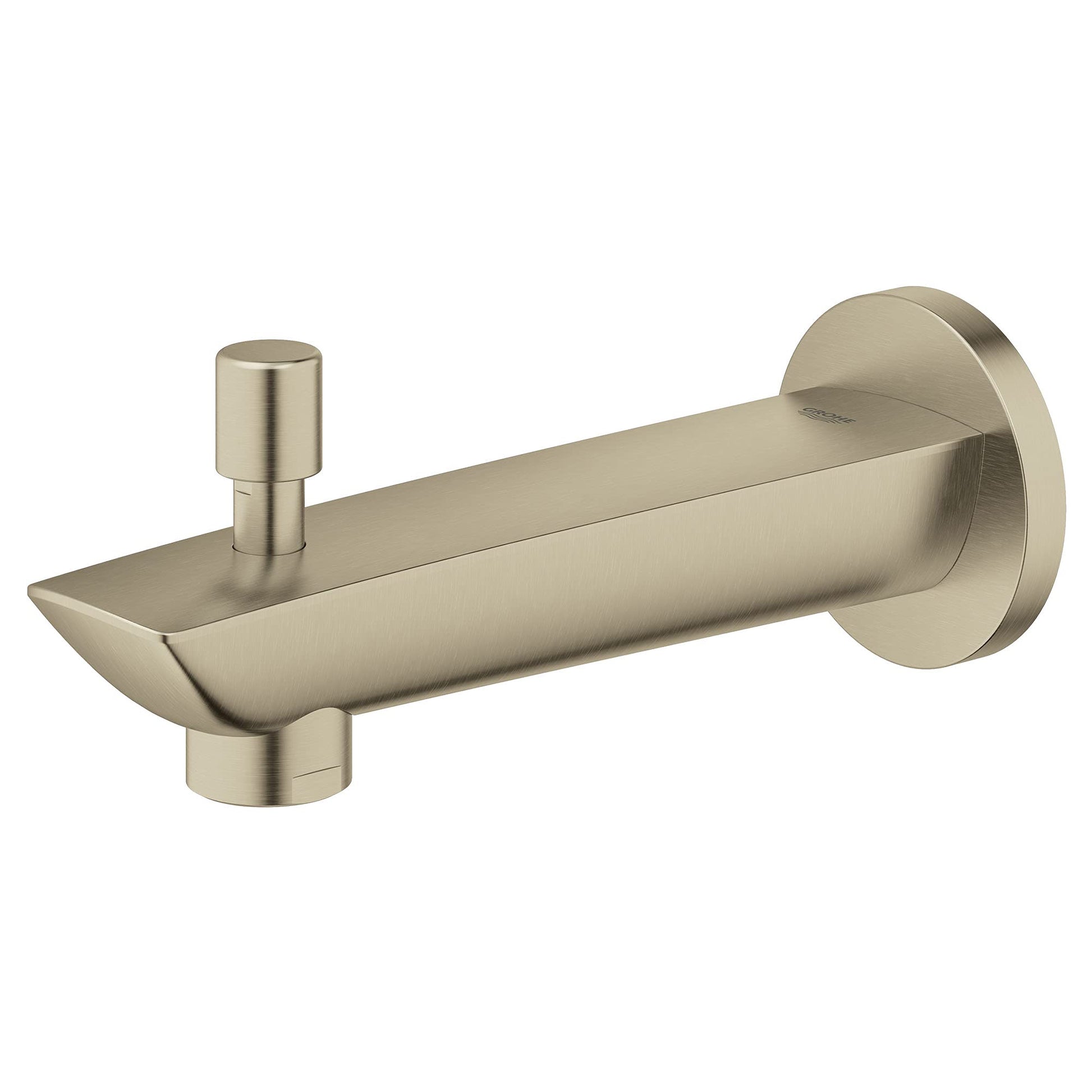 Brushed nickel tub spout with cylindrical diverter lever and wall-mounted round escutcheon plate.