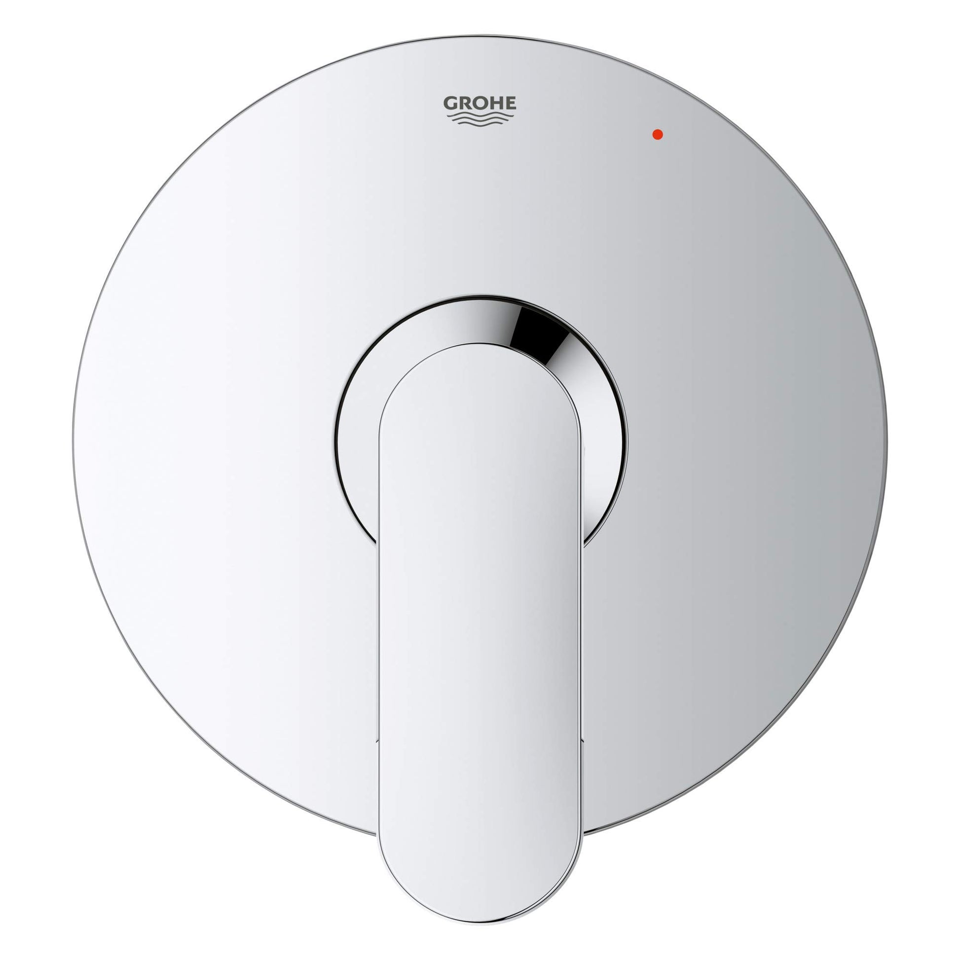 Chrome pressure balance valve trim with circular escutcheon plate, single lever handle, and red indicator dot.
