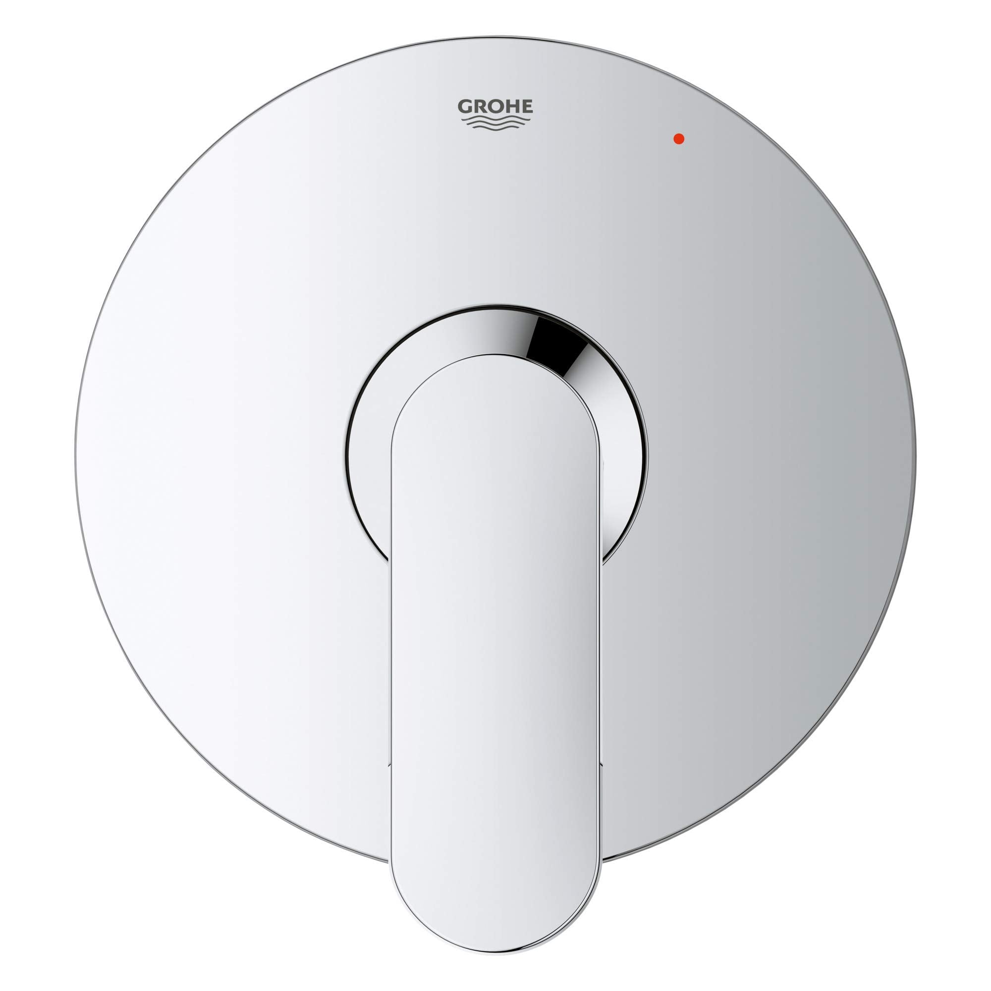Chrome pressure balance valve trim with circular escutcheon plate, single lever handle, and red indicator dot.