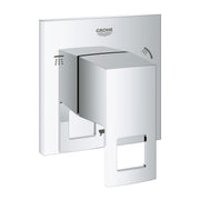 Chrome 3-way diverter trim with square escutcheons and integrated handle for shower and bath control.