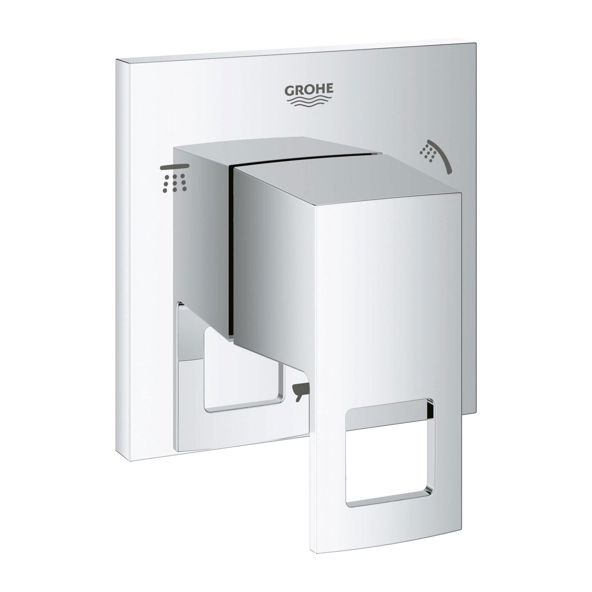 Chrome 3-way diverter trim with square escutcheons and integrated handle for shower and bath control.