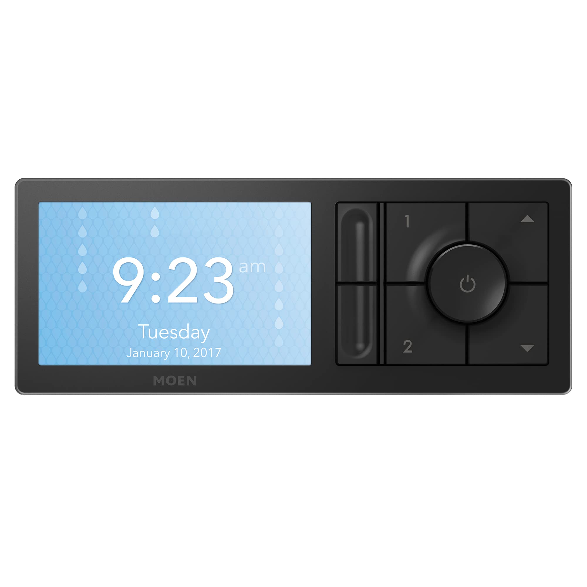 Moen matte black digital shower controller with touchscreen display showing time and date, rotary dial, and numbered outlet c