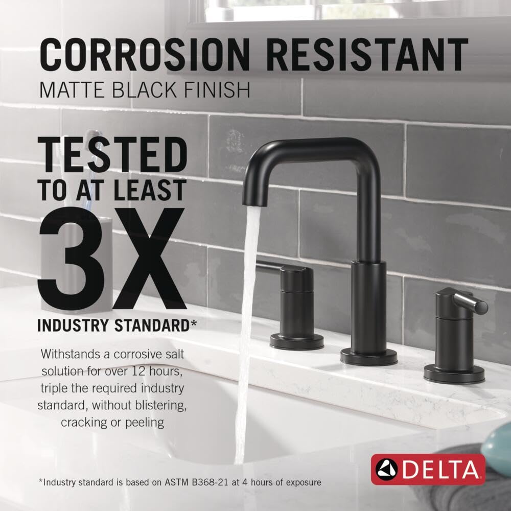 Matte black two-handle widespread bathroom faucet with curved spout mounted on white sink countertop.