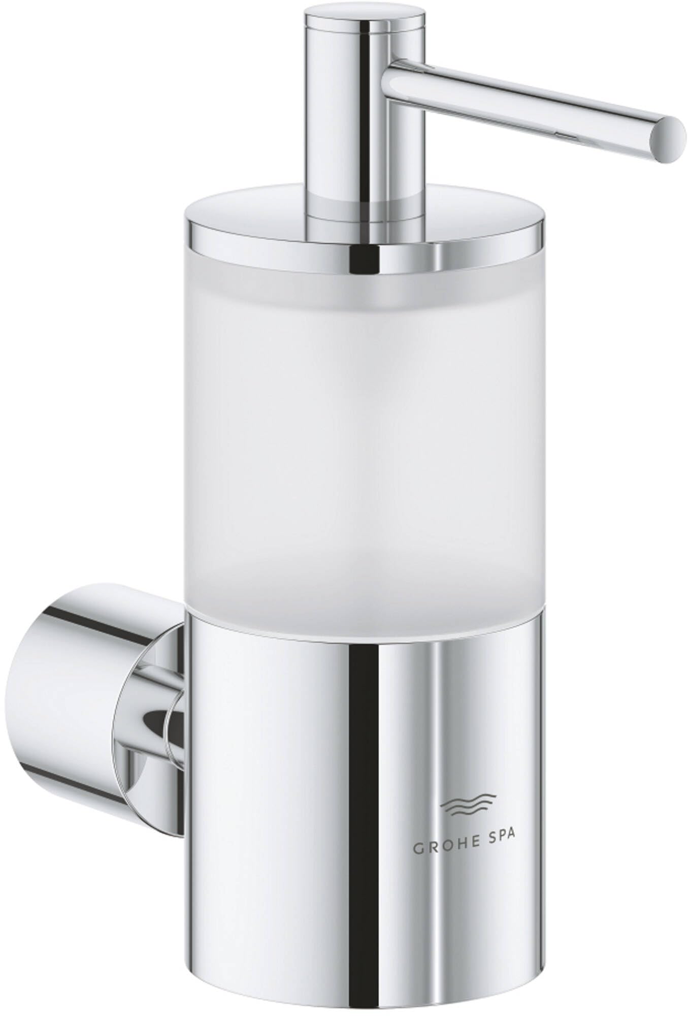 Chrome soap dispenser with cylindrical frosted glass reservoir and wall-mounted pump lever.