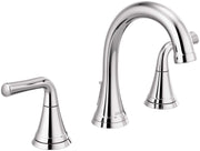 Chrome widespread bathroom faucet with two handles, arched spout, and conical bases.