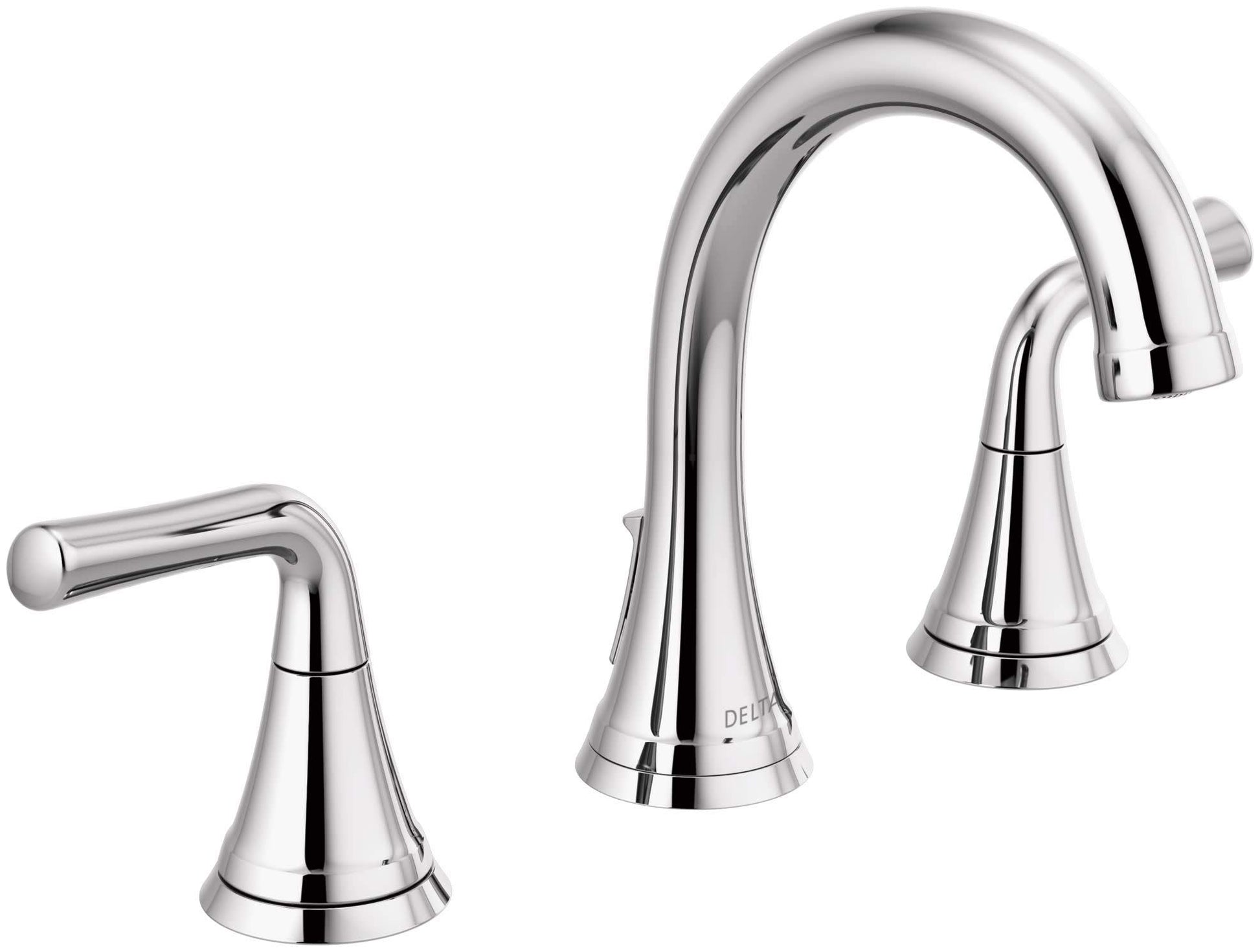 Chrome widespread bathroom faucet with two handles, arched spout, and conical bases.